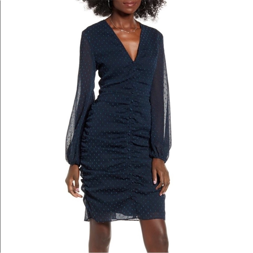 Leith Blue Ruched Dress with Plunge Neckline and Bishop Sleeves